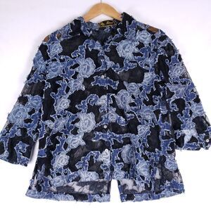 Mirasol Floral Lace Button Up Top Women Size L Black Blue Sheer Cottagecore Chic
